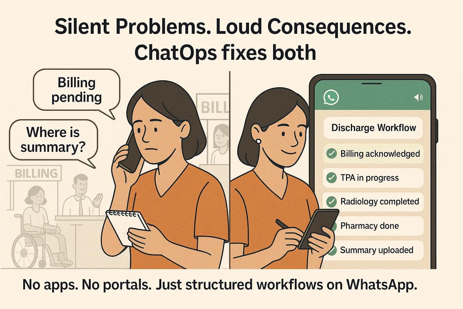 ChatOps for Healthcare - No apps. No portals. Just structured workflows on WhatsApp.
